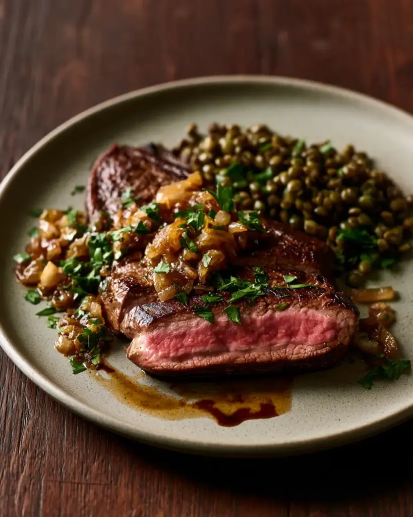 Foie de boeuf aux oignons servi avec des lentilles Assiette de foie de boeuf rosé aux oignons fondants, persil et lentilles vertes