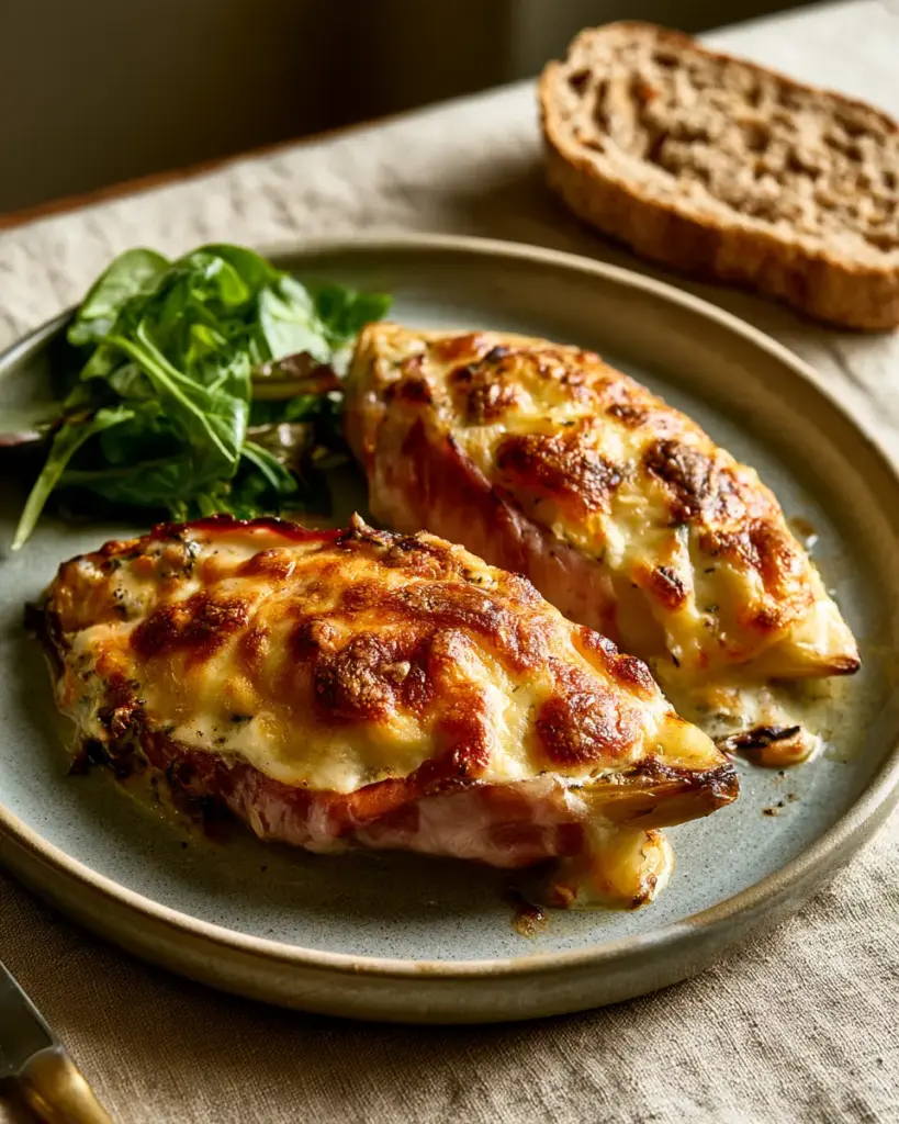 Deux endives au jambon gratinées dans une assiette avec béchamel nappante et salade verte