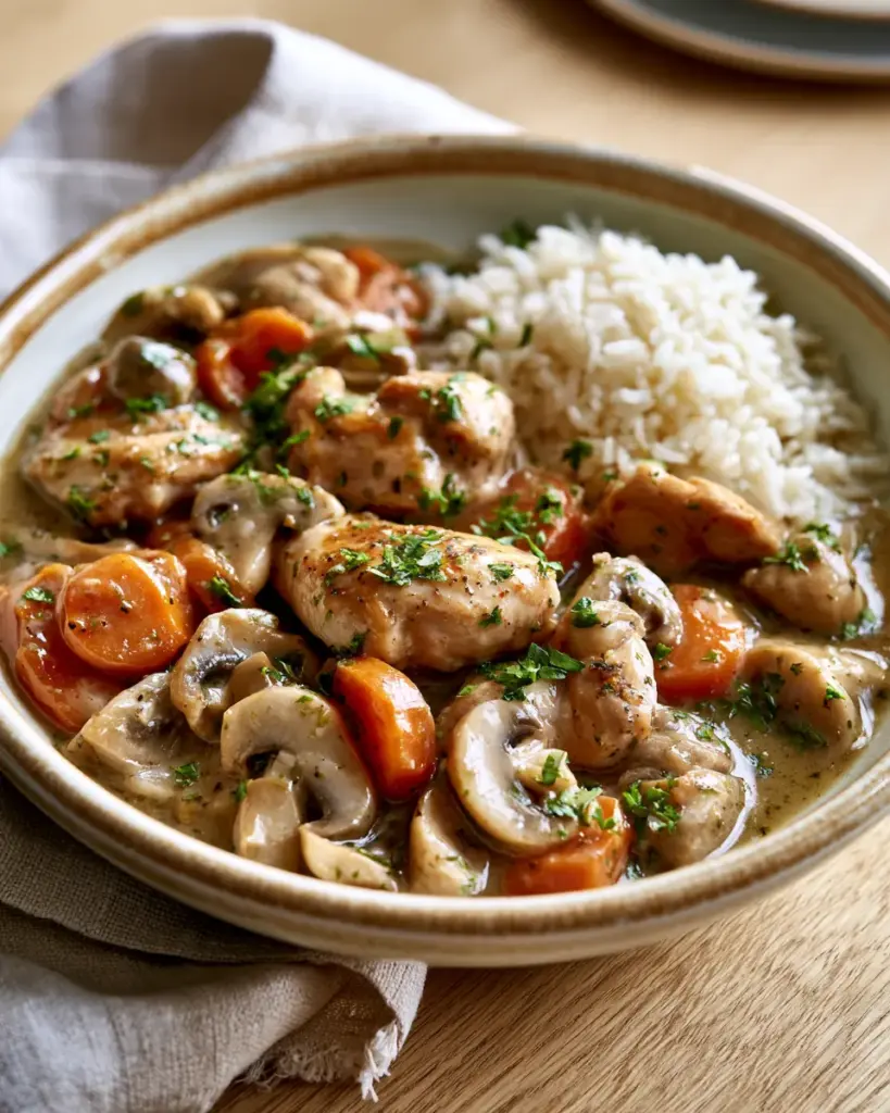 Sauté de dinde aux champignons servi avec du riz Assiette de sauté de dinde aux champignons et carottes, sauce nappante, riz et persil