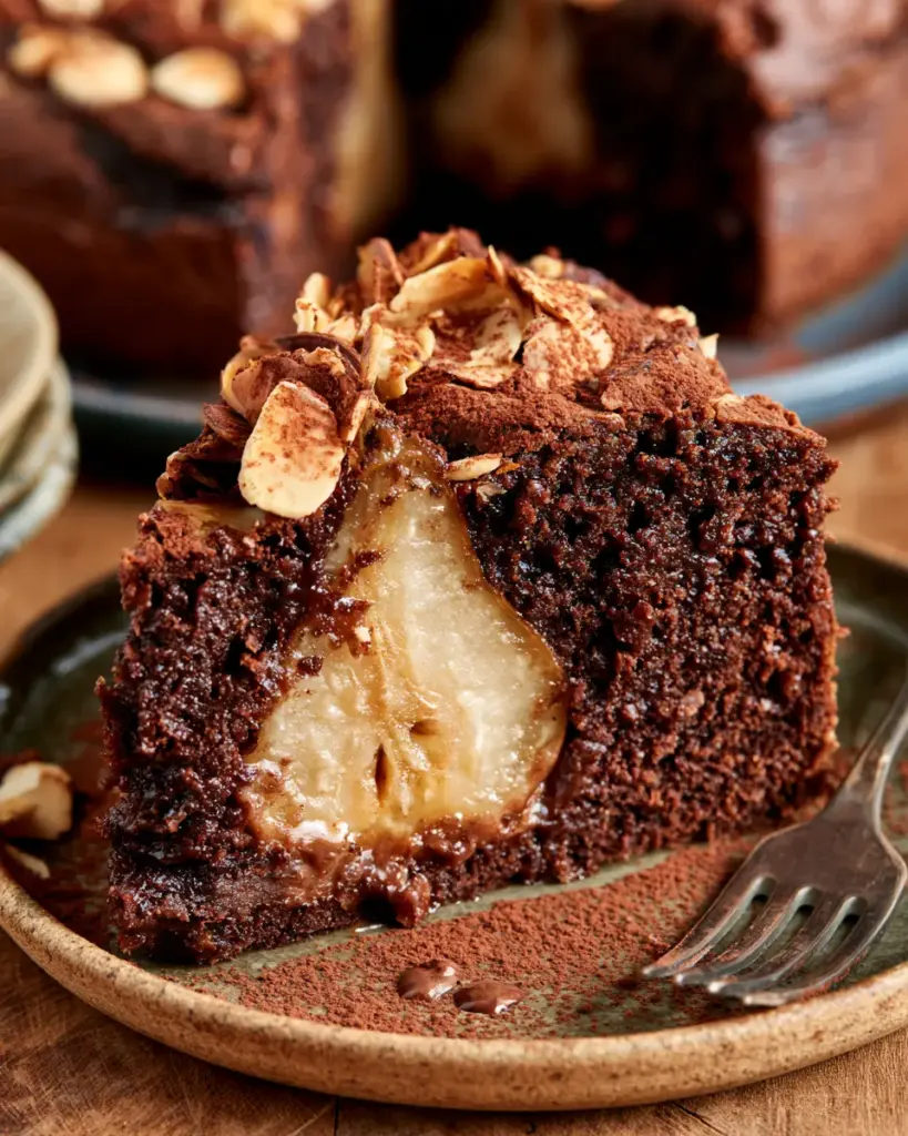 Part de gâteau poire chocolat amande moelleux Part de gâteau poire chocolat amande montrant une mie moelleuse et des morceaux de poire fondante