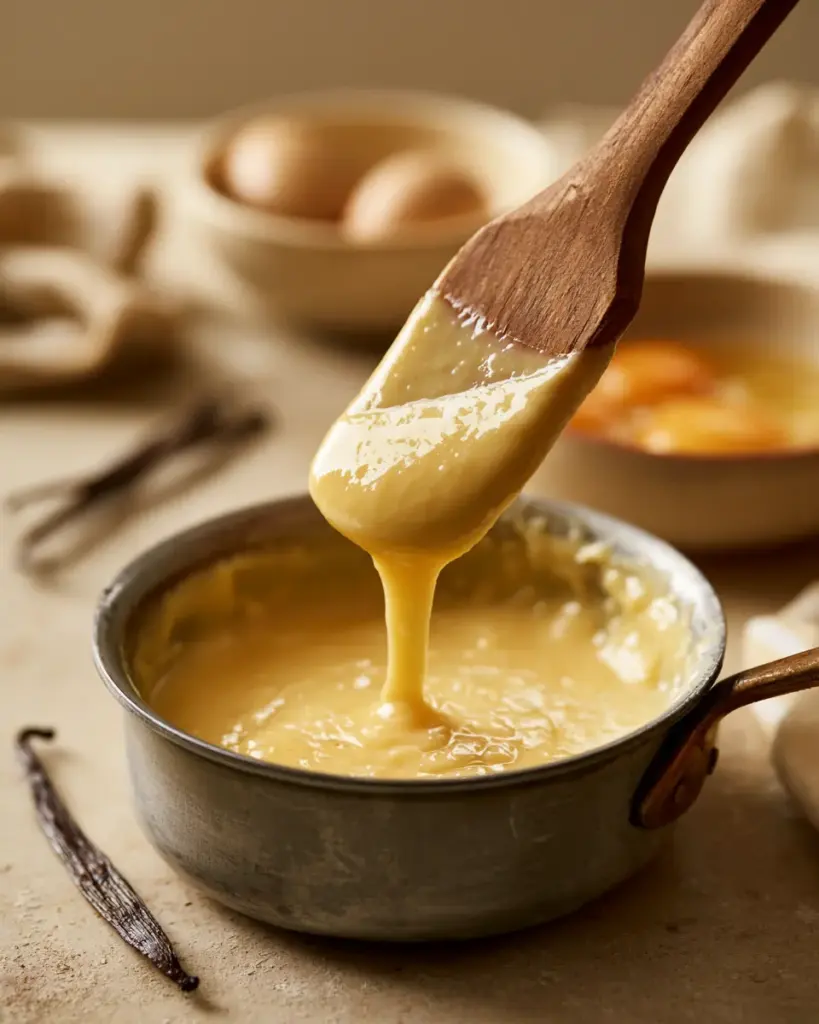 Crème anglaise à la vanille faite avec 5 jaunes d'oeufs Crème anglaise nappant une spatule en bois, préparée avec 5 jaunes d'oeufs et une gousse de vanille