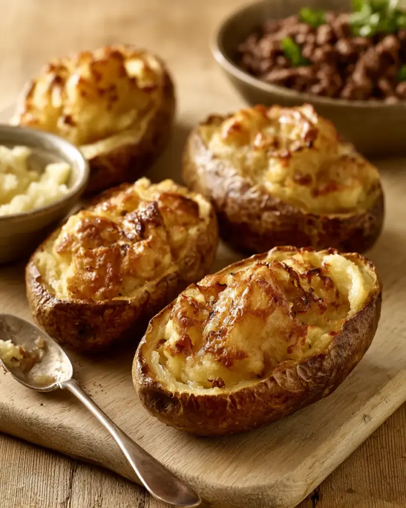 Pommes de terre précuites coupées dans la longueur et évidées à la cuillère, chair écrasée dans un bol