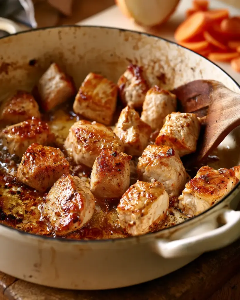 Morceaux de dinde dorés dans une cocotte Morceaux de sauté de dinde dorés dans une cocotte en fonte avant l'ajout des carottes