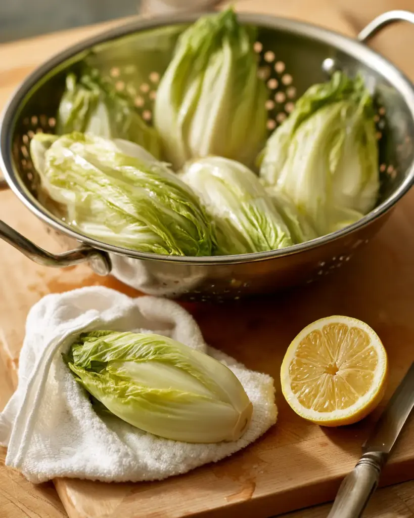 Endives précuites égouttées et pressées dans un torchon avant d'être roulées dans le jambon
