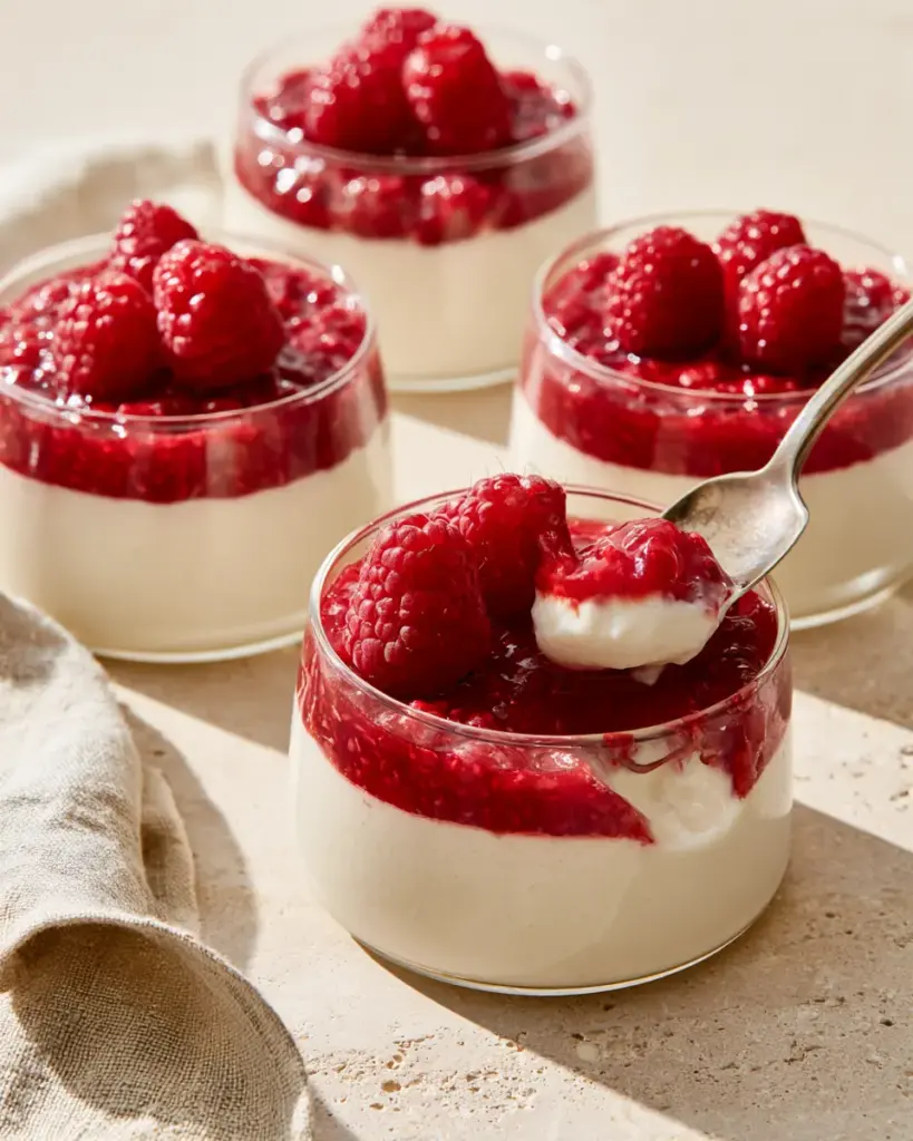 Panna cotta à l'agar-agar et coulis de framboise Panna cotta à l'agar-agar en verrines, nappée d'un coulis de framboise brillant