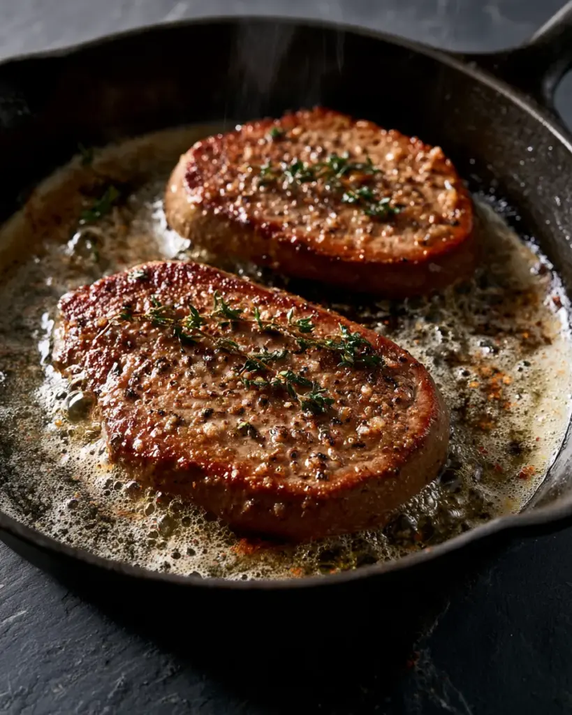 Tranches de foie de boeuf saisies à la poêle Tranches de foie de boeuf farinées en train de dorer dans une poêle en fonte avec du beurre mousseux