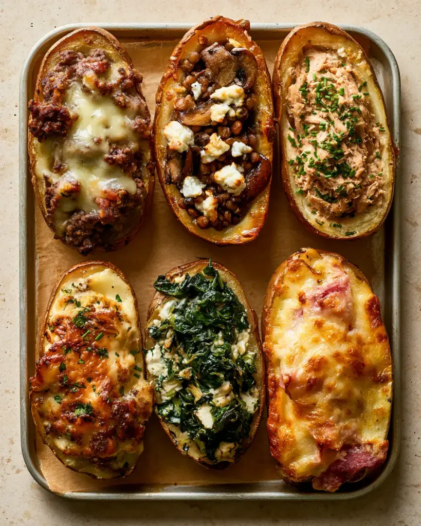 Plaque de pommes de terre farcies avec cinq farces différentes : viande hachée, champignons, thon, épinards-chèvre et raclette