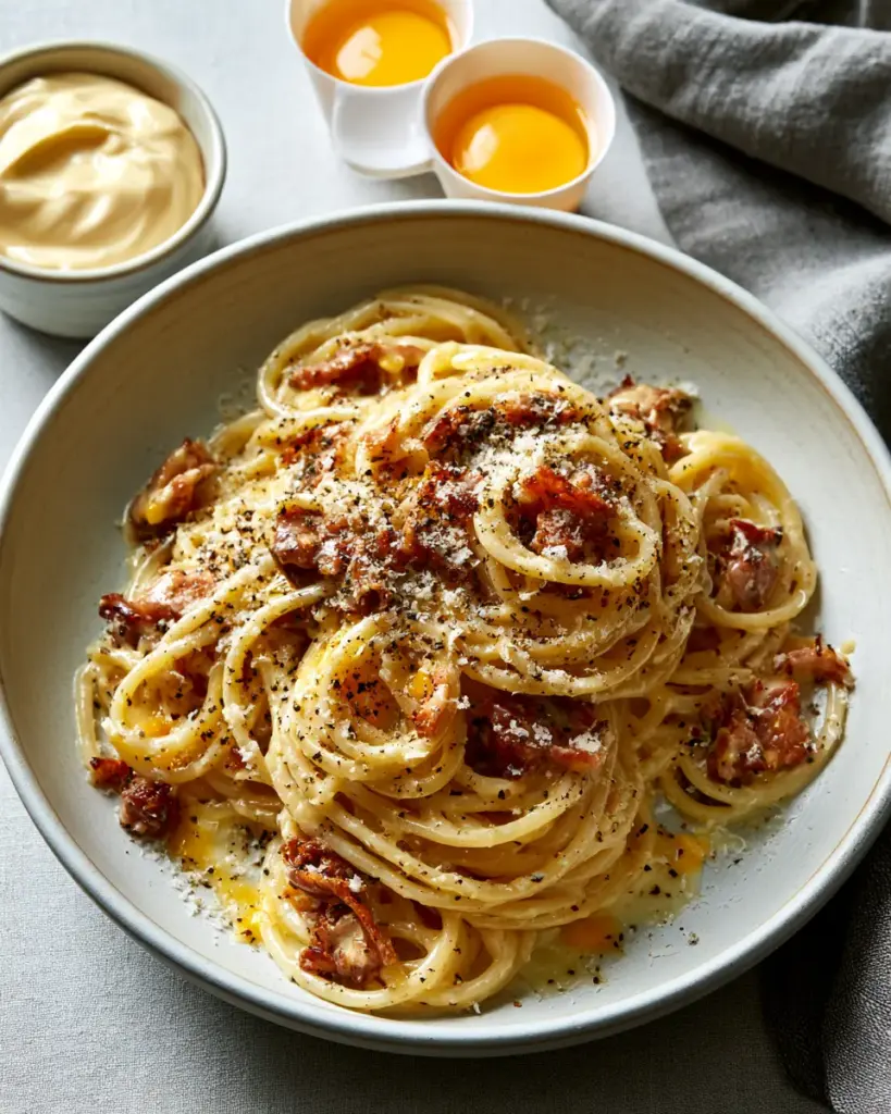 Carbonara et mayonnaise maison aux jaunes d'oeufs Assiette de carbonara nappée de sauce aux jaunes d'oeufs et bol de mayonnaise maison