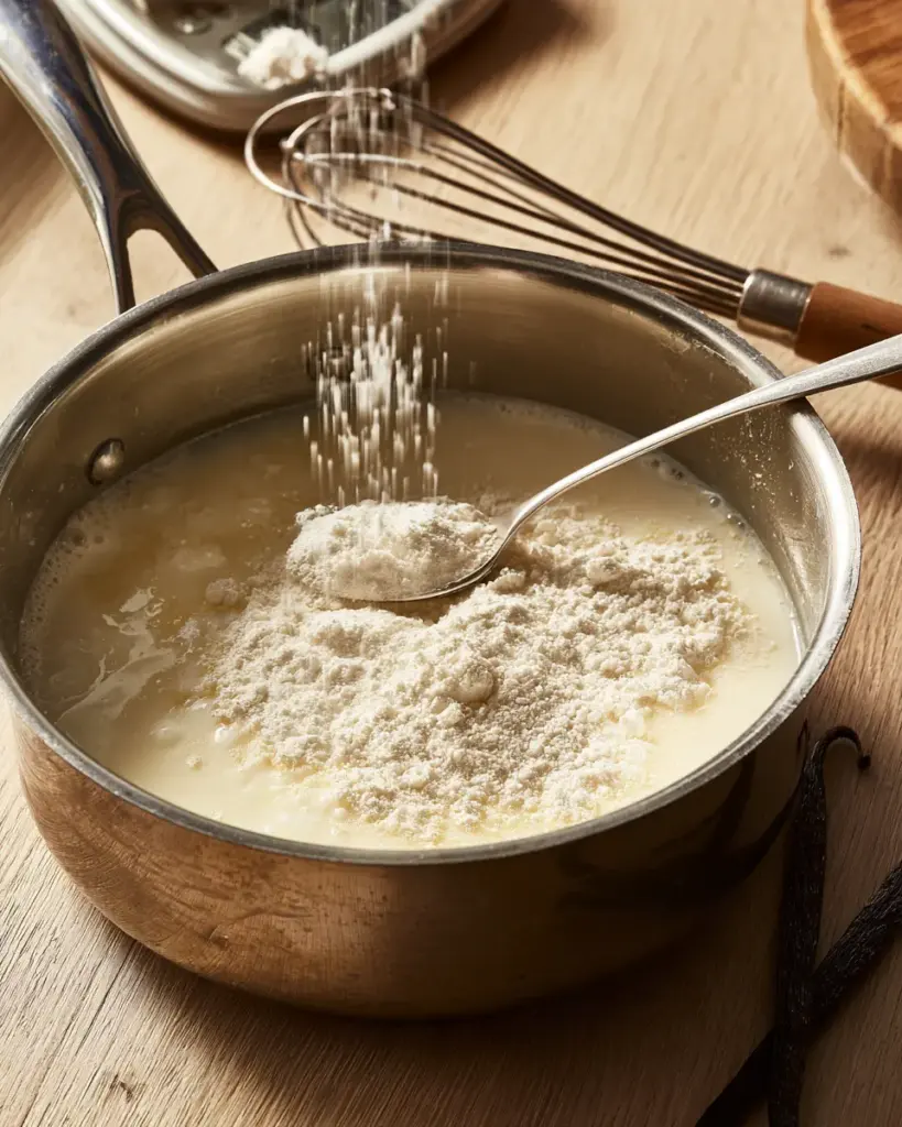 Agar-agar versé en pluie dans le lait froid Agar-agar en poudre versé en pluie dans une casserole de lait et de crème, fouet en main