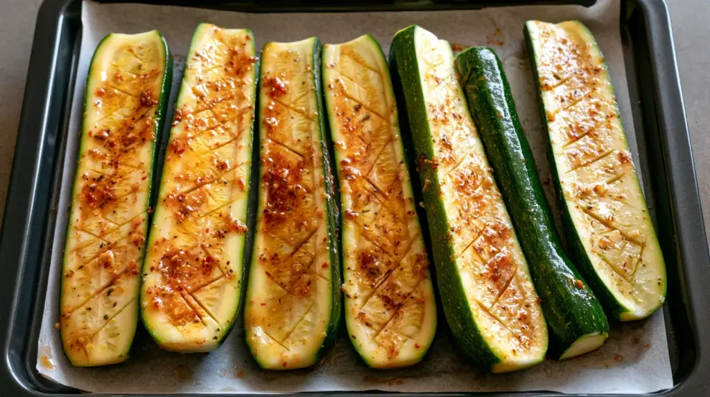 Demi-courgettes incisées et marinées avant de rôtir