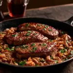 Poêle de foie de boeuf aux oignons caramélisés et persil, prête à servir