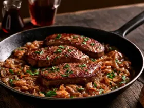Poêle de foie de boeuf aux oignons caramélisés et persil, prête à servir