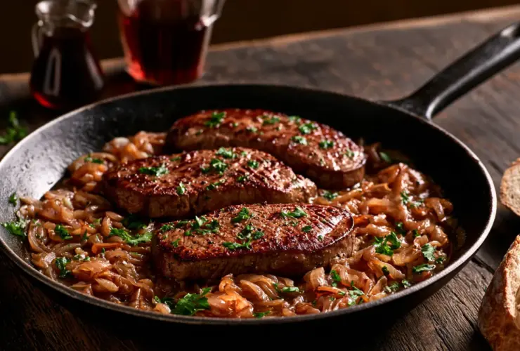 Poêle de foie de boeuf aux oignons caramélisés et persil, prête à servir