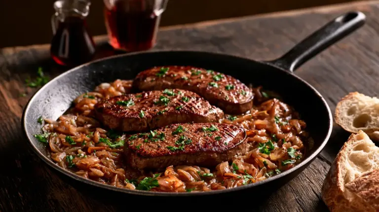 Poêle de foie de boeuf aux oignons caramélisés et persil, prête à servir