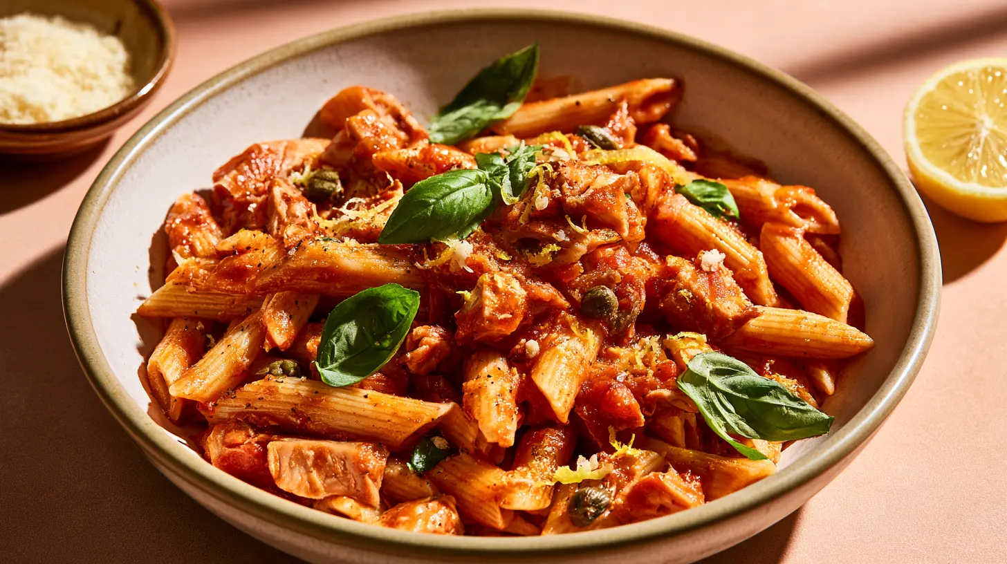 Plat de pâtes au thon à la sauce tomate, câpres, zeste de citron et basilic frais