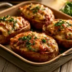 Pommes de terre farcies à la viande hachée, gratinées à l'emmental, dans un plat en céramique