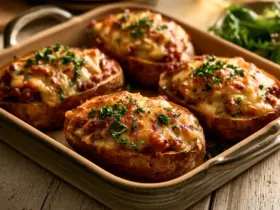 Pommes de terre farcies à la viande hachée, gratinées à l'emmental, dans un plat en céramique