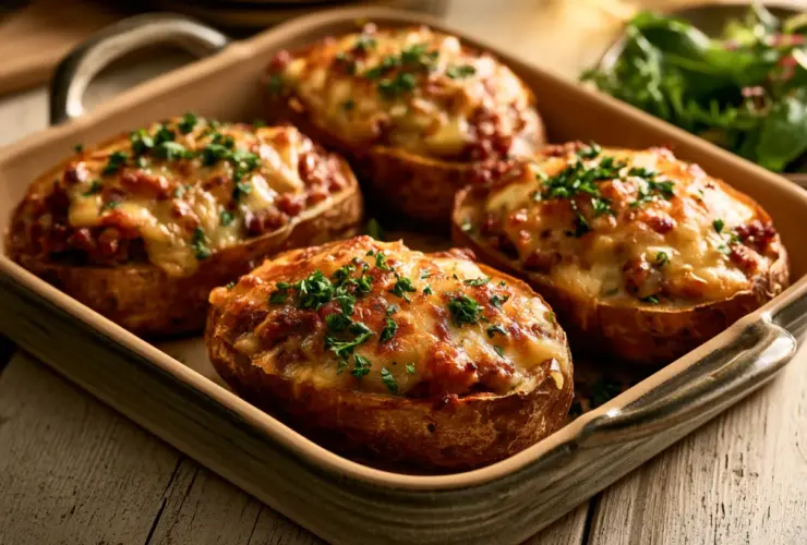 Pommes de terre farcies à la viande hachée, gratinées à l'emmental, dans un plat en céramique