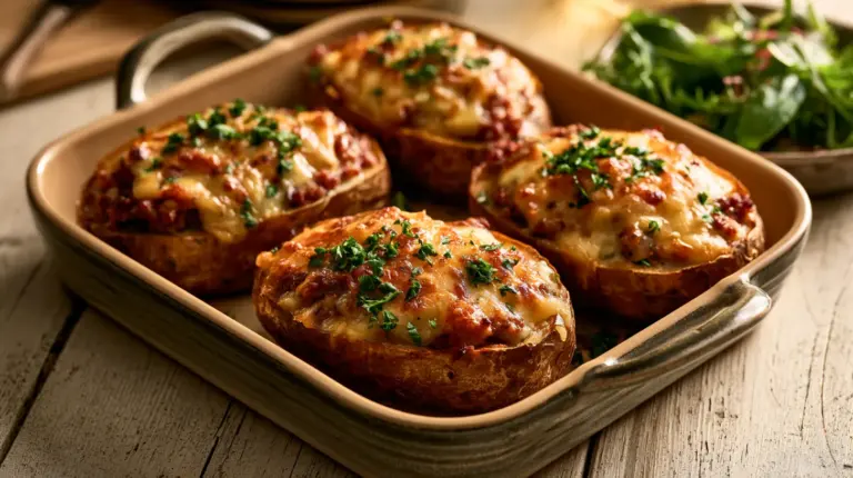 Pommes de terre farcies à la viande hachée, gratinées à l'emmental, dans un plat en céramique