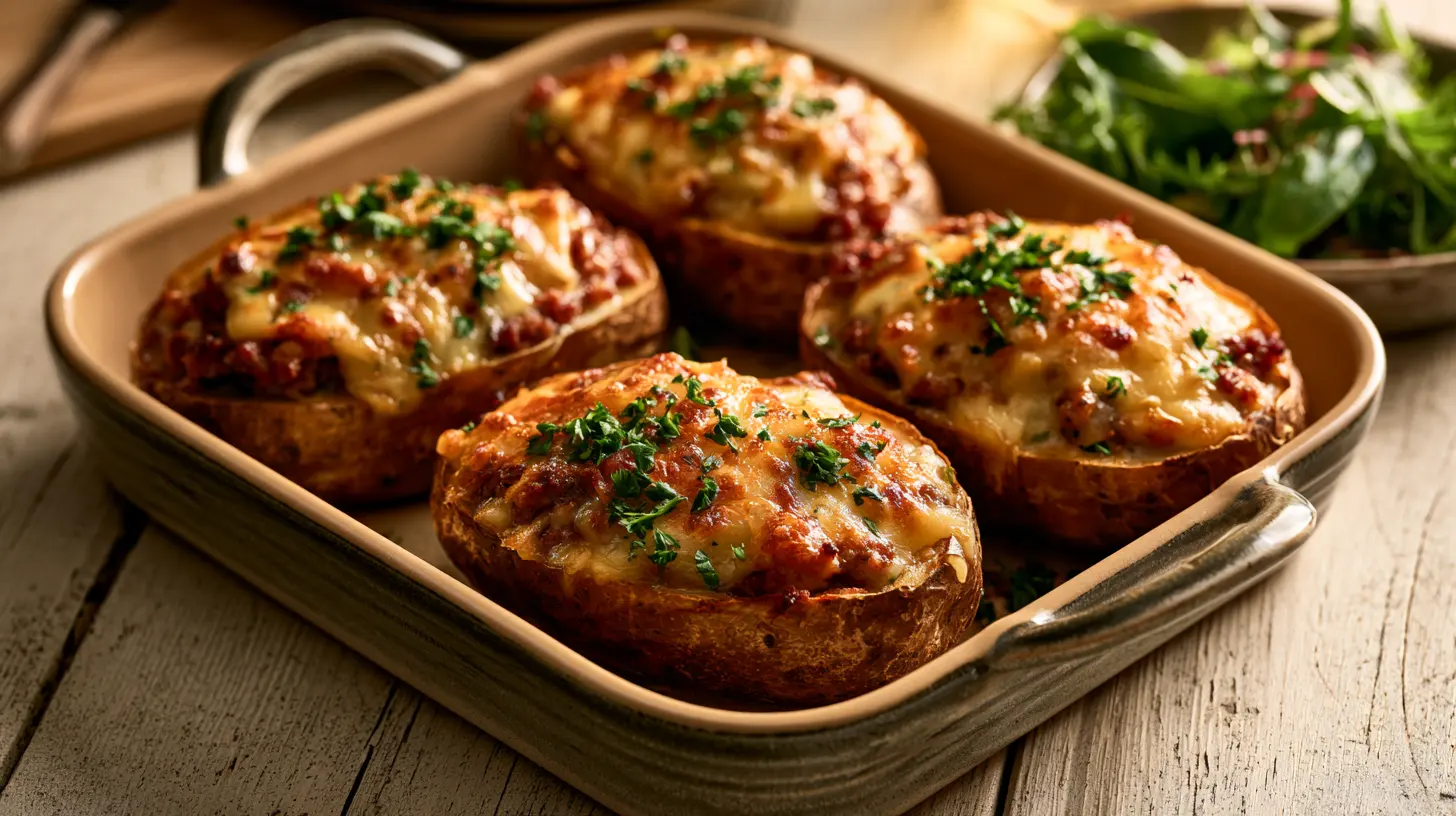 Pommes de terre farcies à la viande hachée, gratinées à l'emmental, dans un plat en céramique
