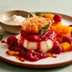 Agar-agar en poudre et en filaments à côté de gelées de fruits et d'une panna cotta démoulée