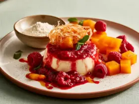 Agar-agar en poudre et en filaments à côté de gelées de fruits et d'une panna cotta démoulée