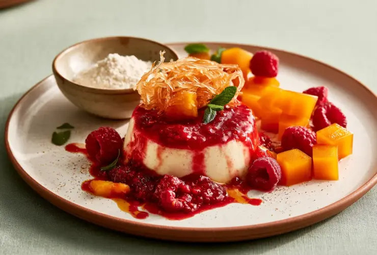 Agar-agar en poudre et en filaments à côté de gelées de fruits et d'une panna cotta démoulée