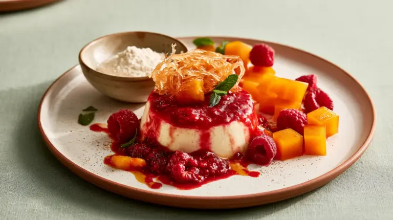 Agar-agar en poudre et en filaments à côté de gelées de fruits et d'une panna cotta démoulée