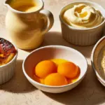 Bol de jaunes d'oeufs entouré de crème brûlée, crème anglaise, mayonnaise et carbonara