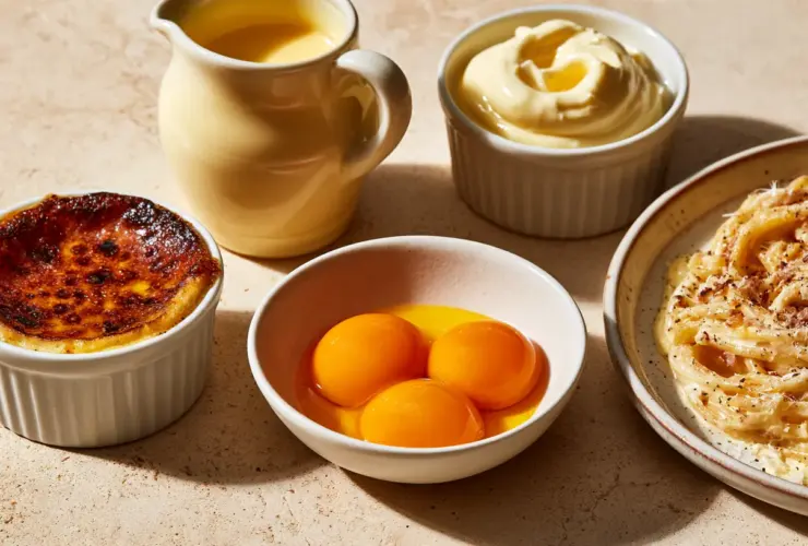 Bol de jaunes d'oeufs entouré de crème brûlée, crème anglaise, mayonnaise et carbonara