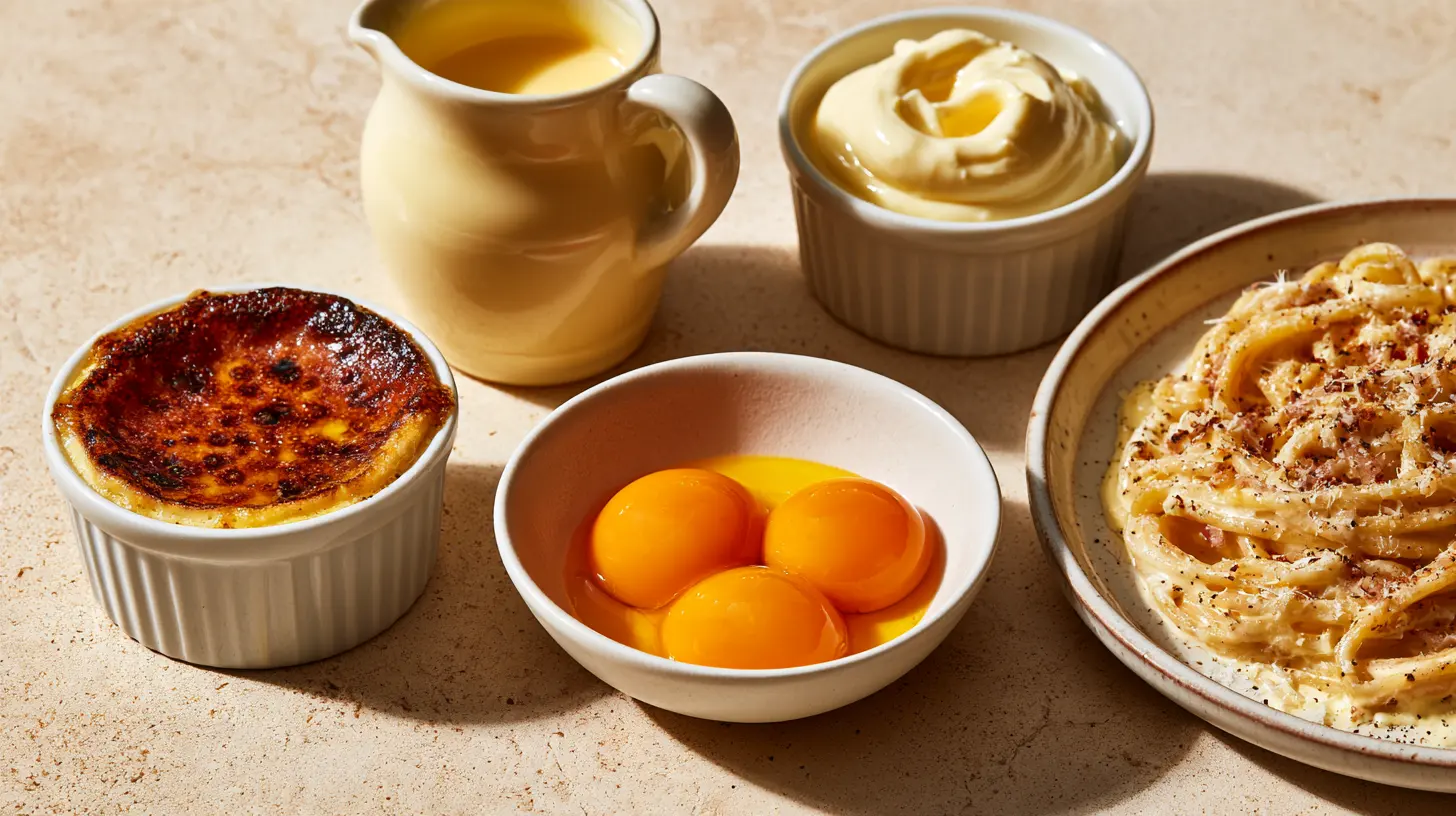 Bol de jaunes d'oeufs entouré de crème brûlée, crème anglaise, mayonnaise et carbonara
