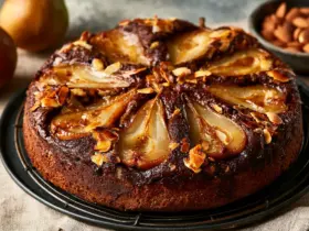 Gâteau poire chocolat amande entier sur une grille, poires en rosace et amandes effilées dorées