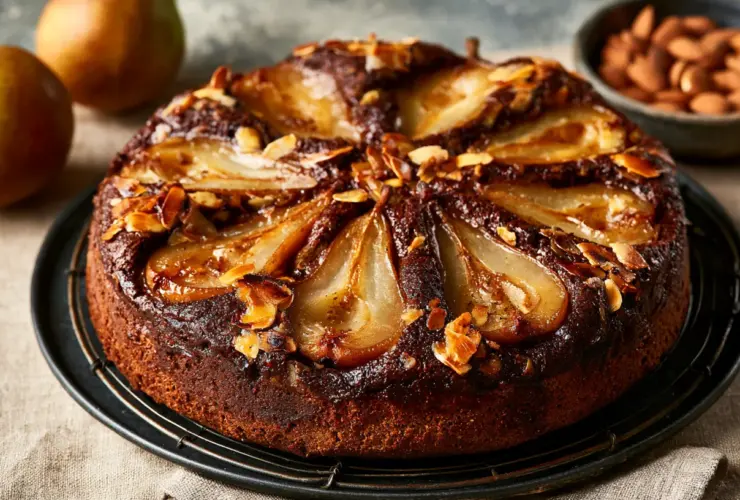 Gâteau poire chocolat amande entier sur une grille, poires en rosace et amandes effilées dorées