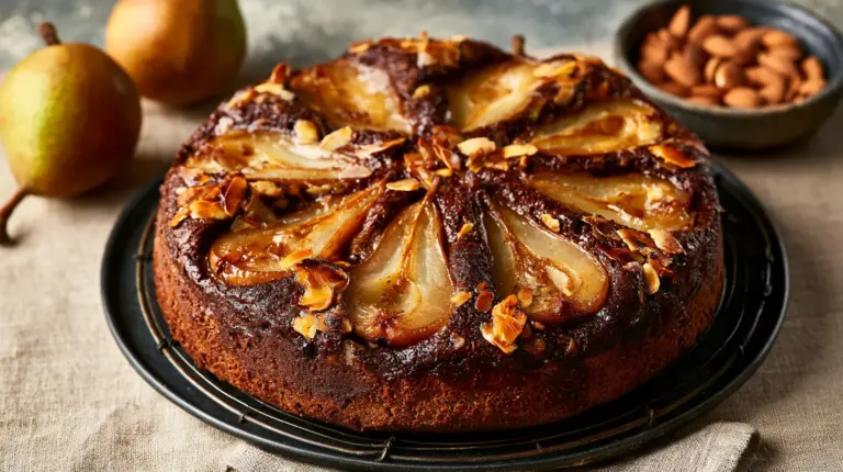 Gâteau poire chocolat amande entier sur une grille, poires en rosace et amandes effilées dorées