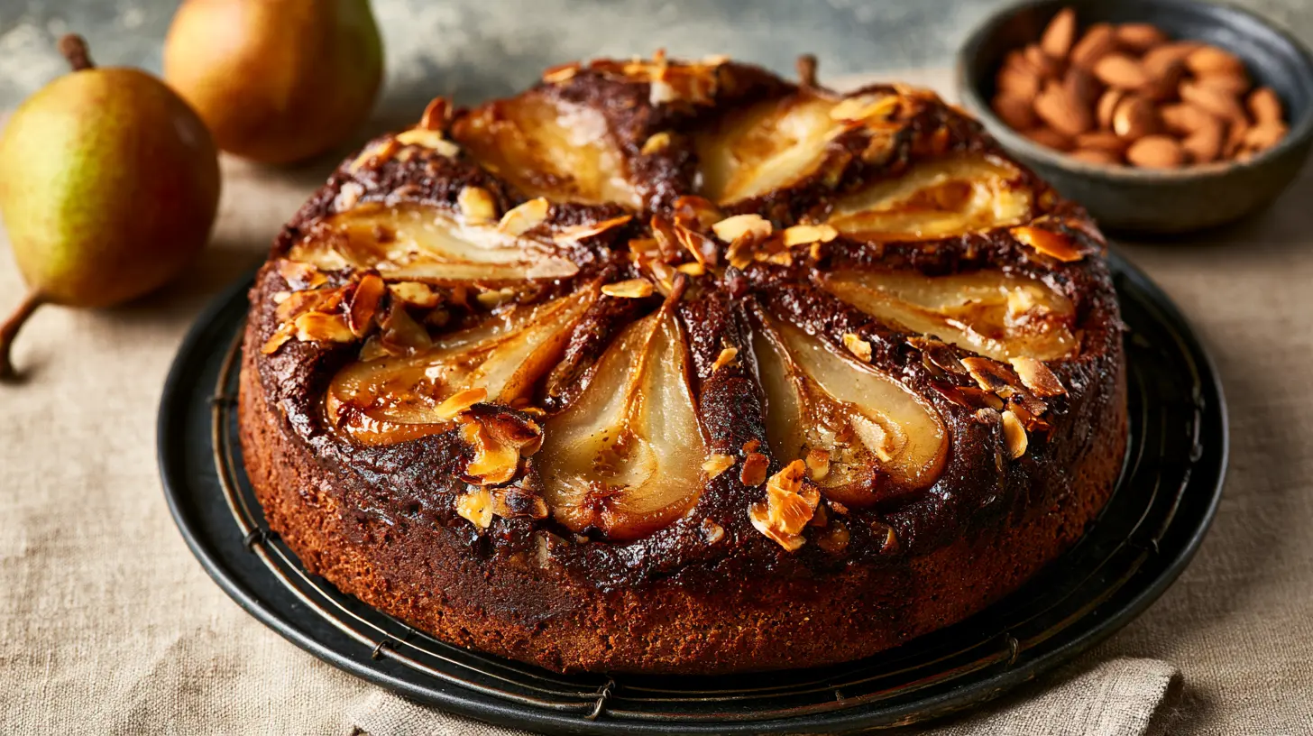 Gâteau poire chocolat amande entier sur une grille, poires en rosace et amandes effilées dorées