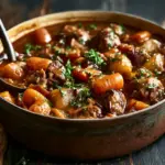Cocotte de ragoût de porc à l'ancienne aux carottes et pommes de terre, persil frais