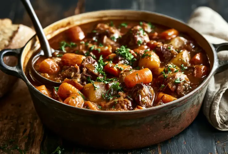 Cocotte de ragoût de porc à l'ancienne aux carottes et pommes de terre, persil frais