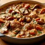 Cocotte de sauté de dinde aux champignons et carottes, persil frais, prête à servir