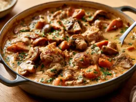 Cocotte de sauté de dinde aux champignons et carottes, persil frais, prête à servir