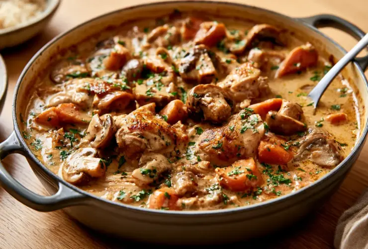 Cocotte de sauté de dinde aux champignons et carottes, persil frais, prête à servir