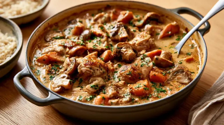 Cocotte de sauté de dinde aux champignons et carottes, persil frais, prête à servir