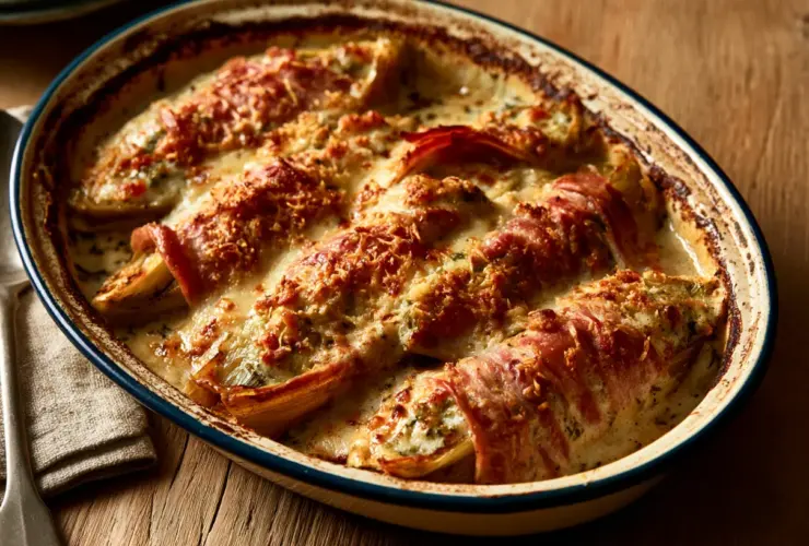 Plat d'endives au jambon gratinées à la béchamel, doré et bouillonnant