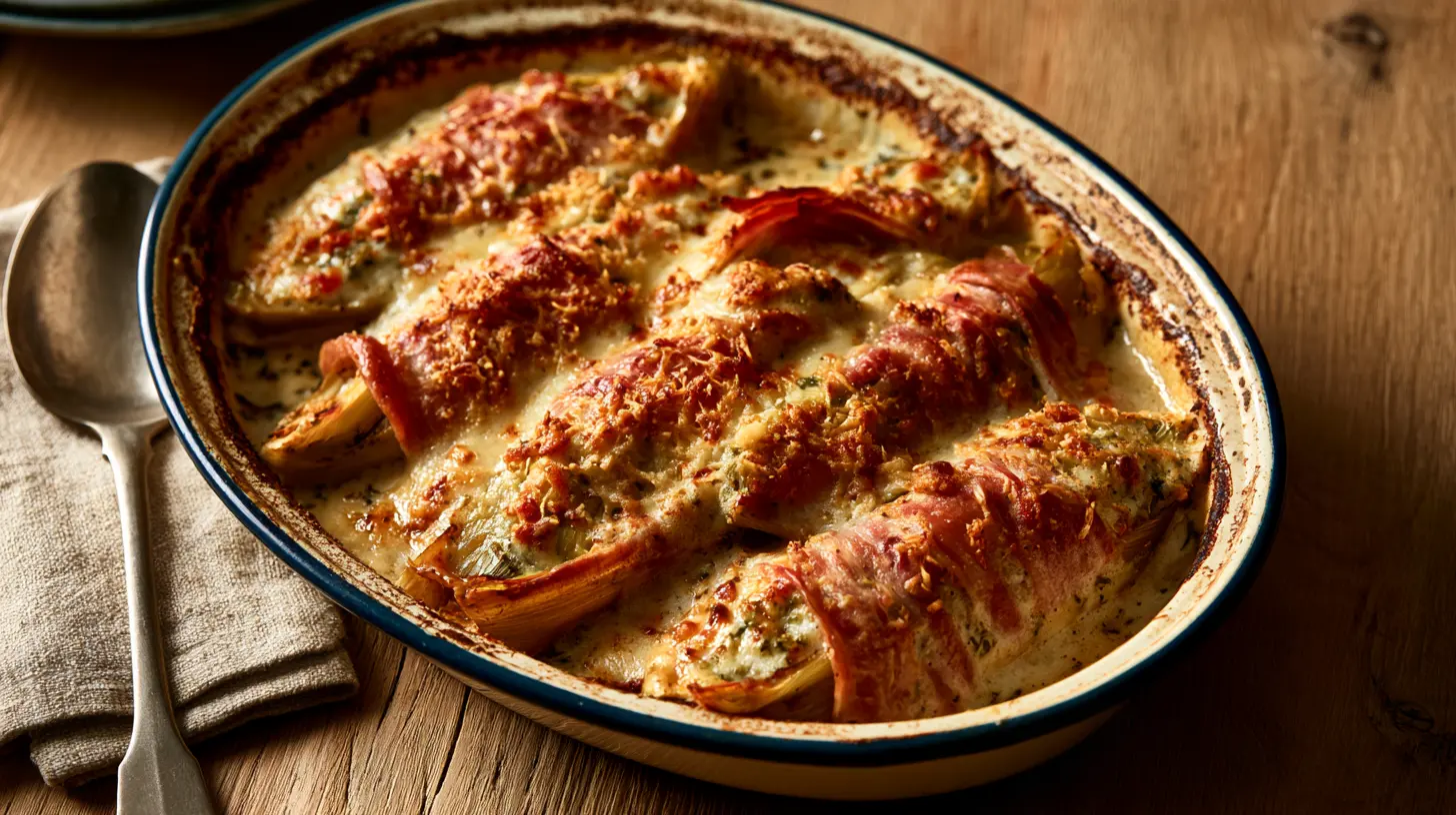 Plat d'endives au jambon gratinées à la béchamel, doré et bouillonnant