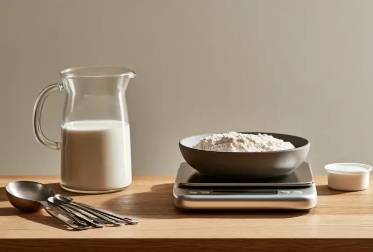 Verre doseur, balance, cuillères de mesure et pot de yaourt pour convertir ml en cl et grammes en cuisine