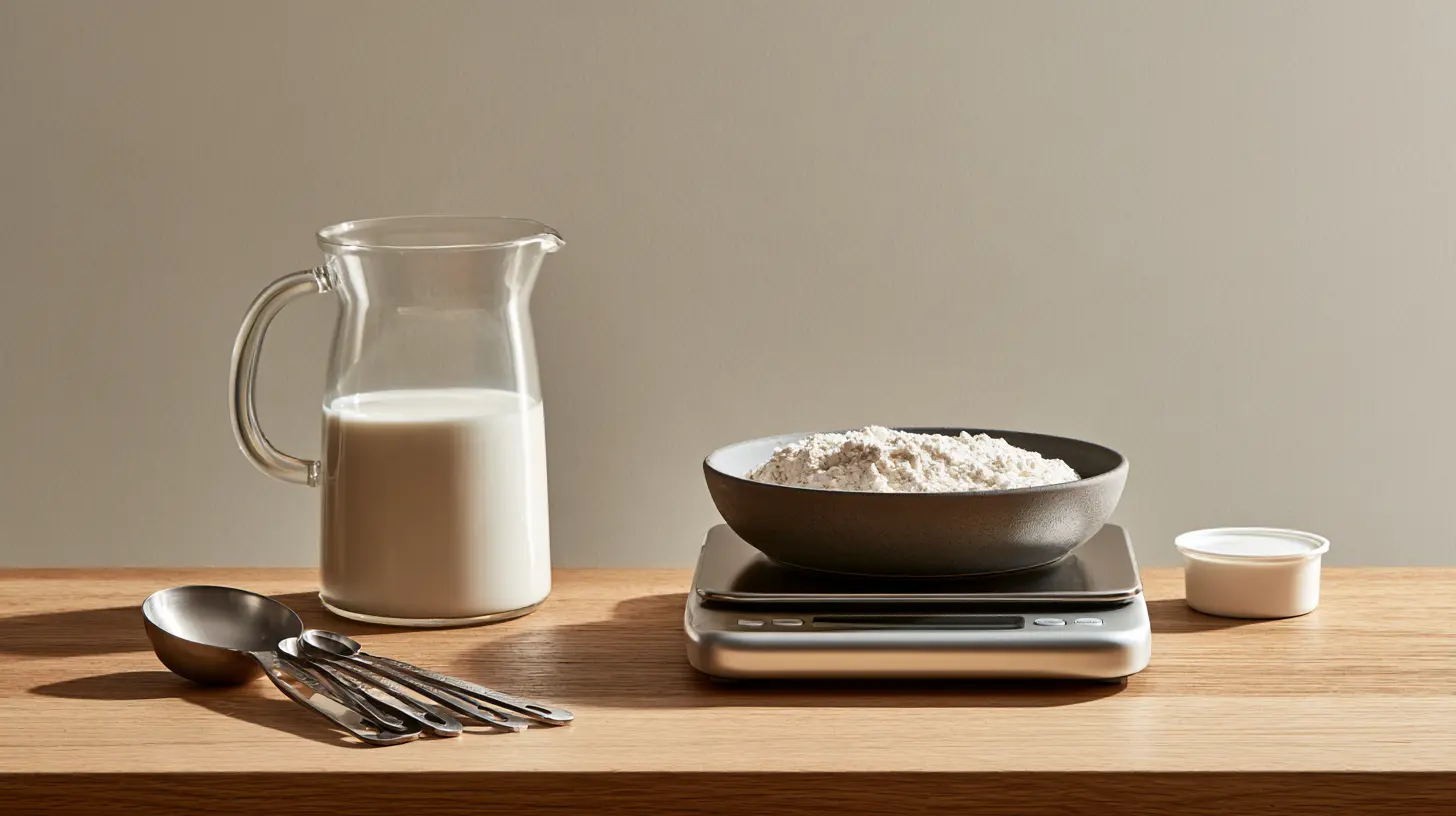 Verre doseur, balance, cuillères de mesure et pot de yaourt pour convertir ml en cl et grammes en cuisine