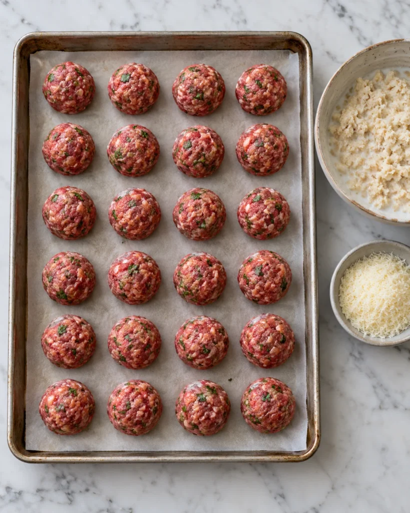 Boulettes de viande hachée crues sur la plaque Boulettes de viande hachée crues de taille régulière alignées sur une plaque avant cuisson au four