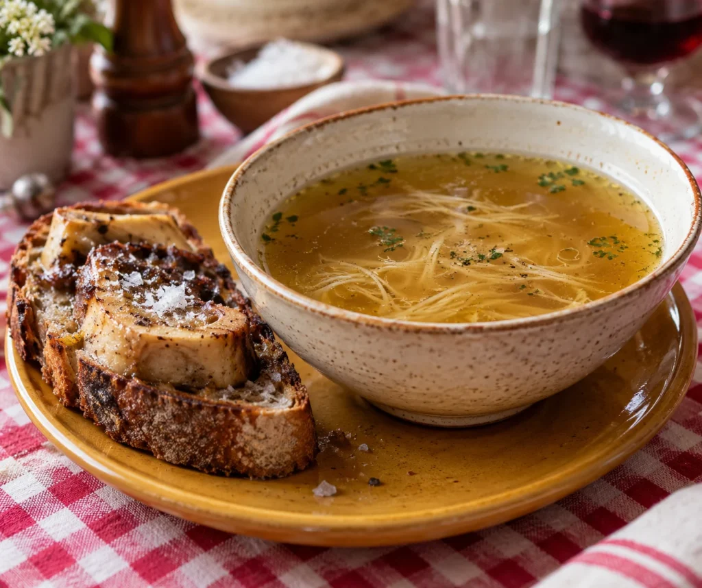 Bol de bouillon de pot-au-feu servi en entrée avec du pain grillé et de la moelle
