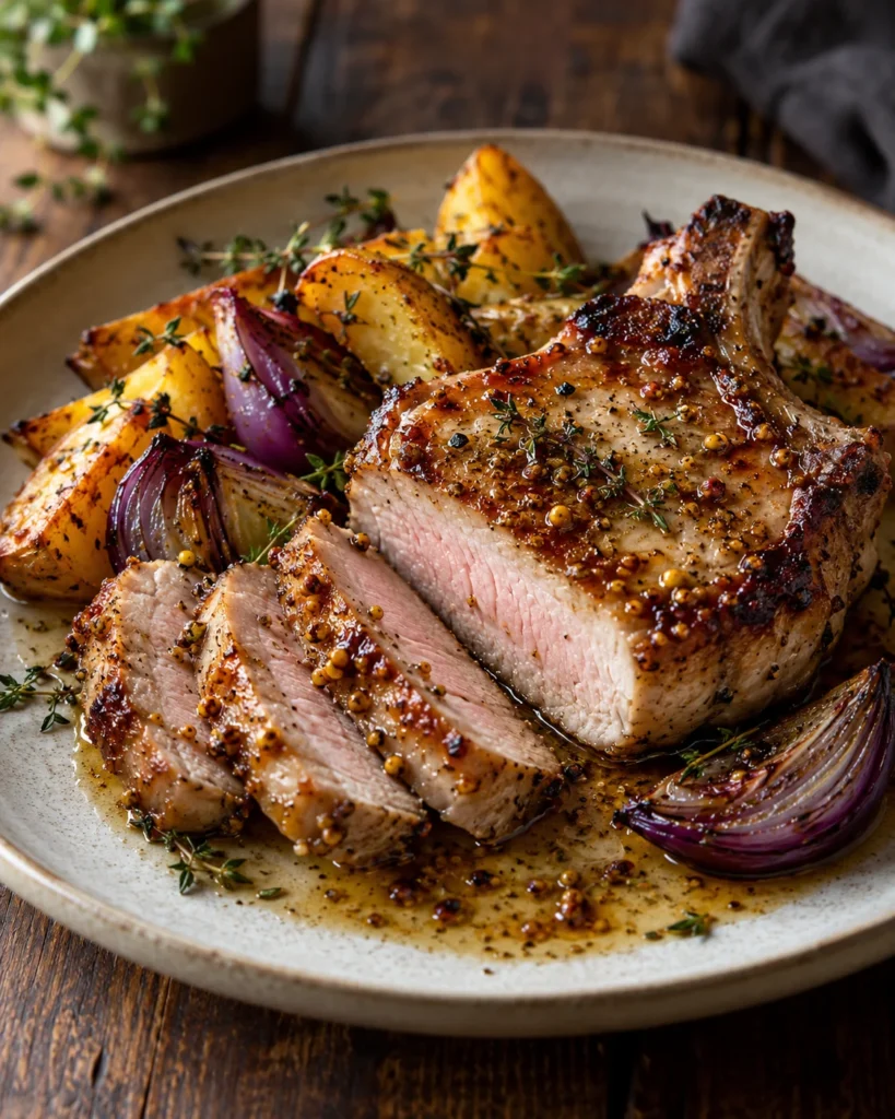 Assiette de côte de porc échine à la moutarde, oignons rouges rôtis et pommes de terre au four