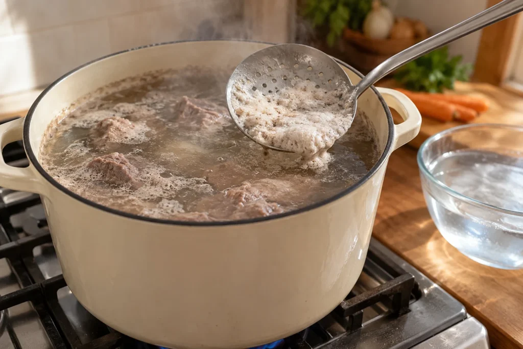 Écumage du bouillon de pot-au-feu à l’écumoire dans un grand faitout