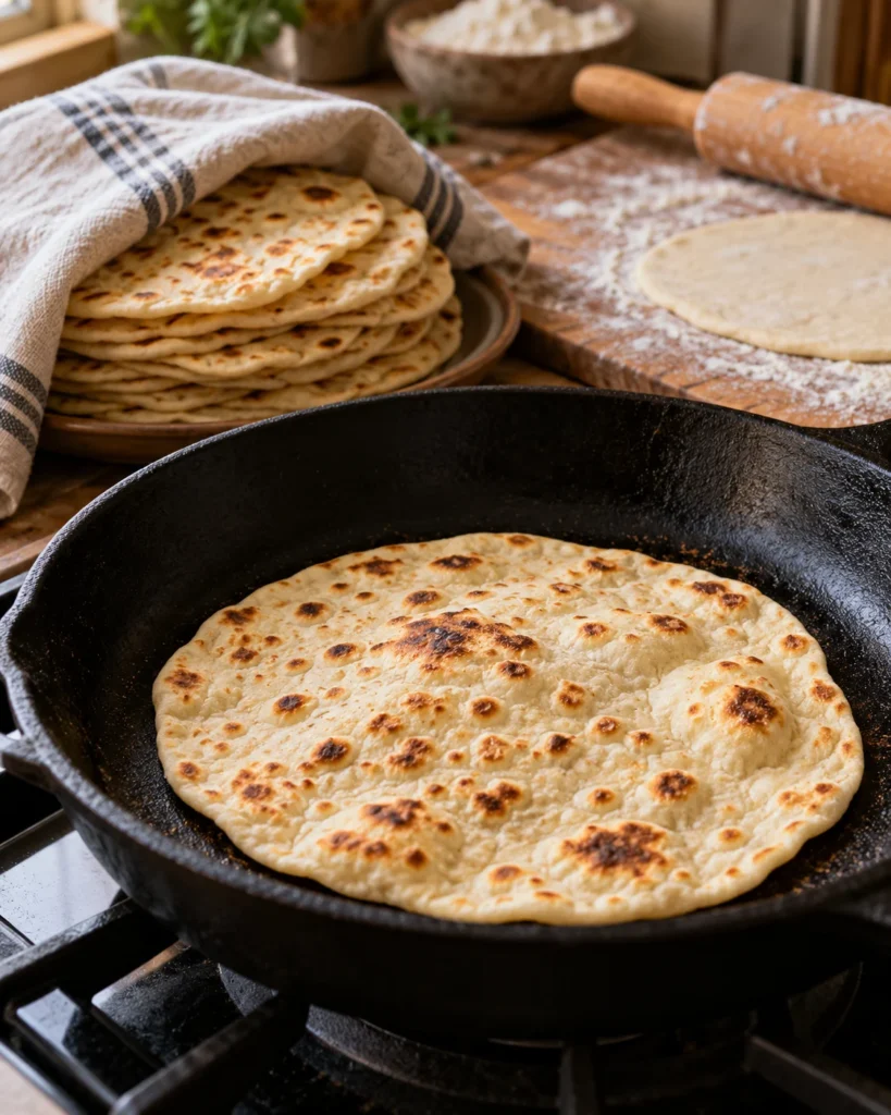 Galette kebab en train de cuire à la poêle Galette kebab maison souple et dorée cuisant à sec dans une poêle, pile de galettes sous un torchon